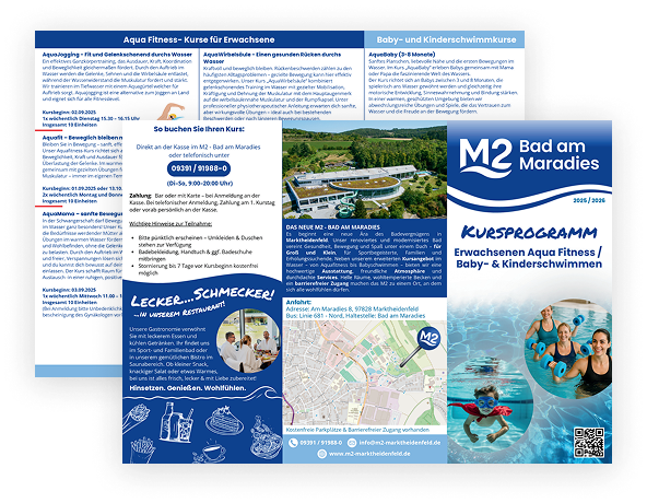 Flyer zum Kursprogramm des M2 Bad am Maradies mit Aqua-Fitness, Schwimmkursen, Lageplan und Restaurantangebot.
